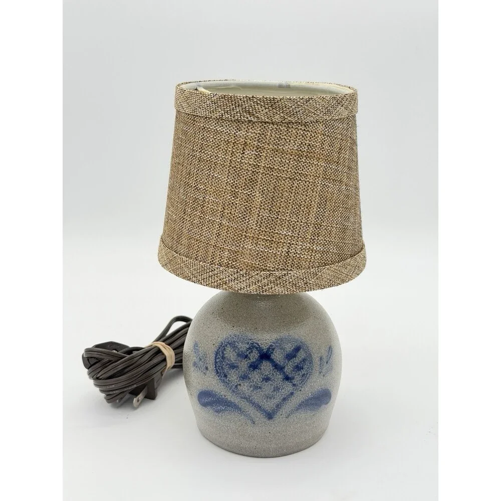 1997 Rowe Pottery salt-glazed stoneware accent lamp painted Blue Heart 8.5 Small